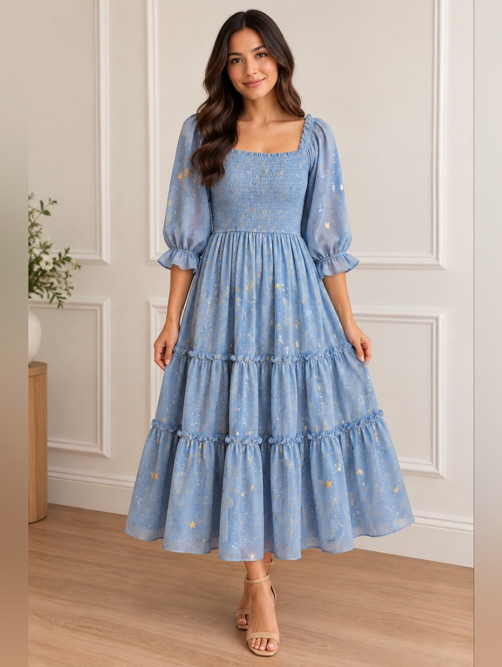 Ivy City Co Starry Nights Dress Baby Blue Gold Stars XS NWT
